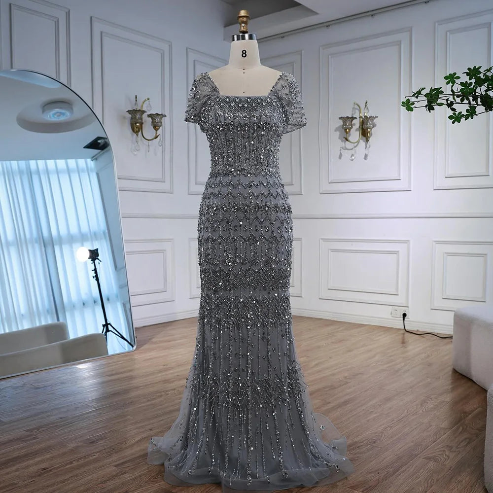 Serene Hill Blue Mermaid Beaded Evening Dresses with Detachable Sleeves Elegant Party Gowns for Women DLA72714 Customized