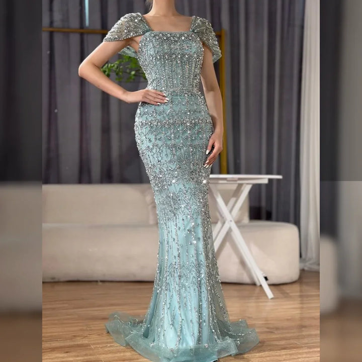 Serene Hill Blue Mermaid Beaded Evening Dresses with Detachable Sleeves Elegant Party Gowns for Women DLA72714 Customized