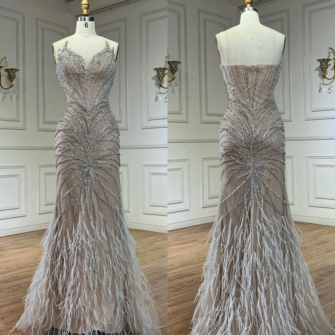Serene Hill White Nude Mermaid Evening Dresses with Cape Beaded Feathers Party Gowns for Formal Occasion Customized DLA72882