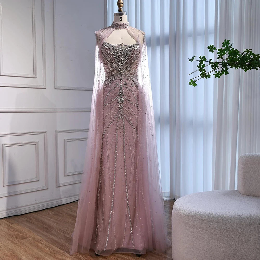 Serene Hill 2025 Pink Strapless Mermaid Beaded Evening Dress with Cape Wedding Party Gowns for Women DLA73195 Customized