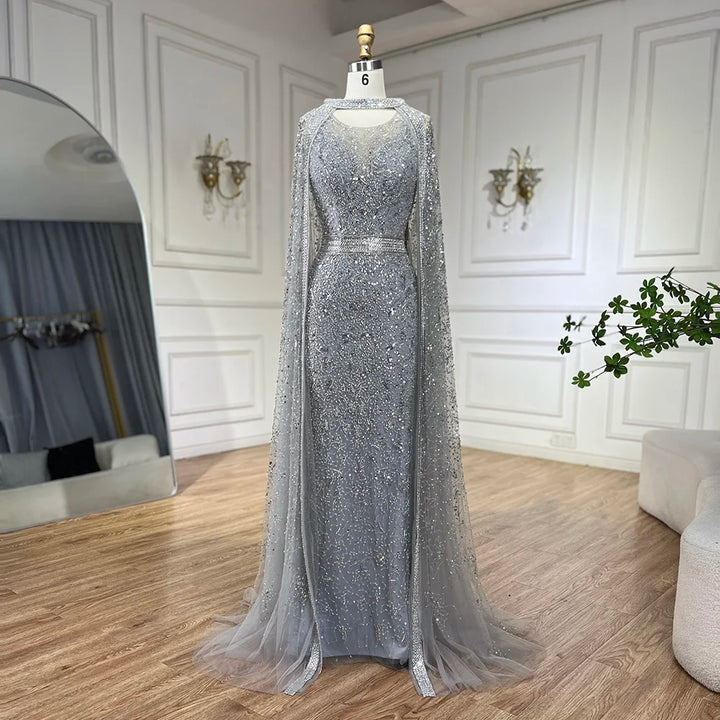 Serene Hill  Customized 2026 Gray Arabic Mermaid Beaded Evening Dresses With Detachable Long Cape For Formal Occasion DLA72180