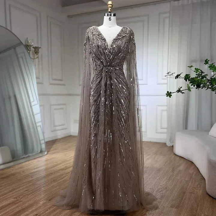 Serene Hill V-neck Turquoise Beaded Mermaid Evening Dress with Cape Plus Size Party Gowns for Women DLA72168A Customized