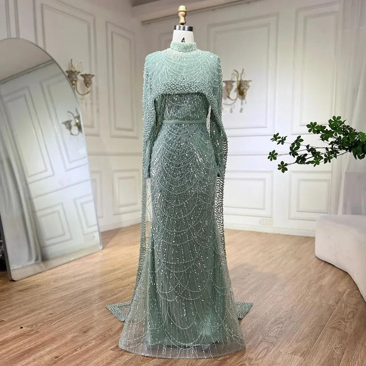 Serene Hill Customized Muslim Hijab Sage Green Long Sleeves Evening Dresses with Cape Dubai 2024 Party Gowns For Women LA72032M