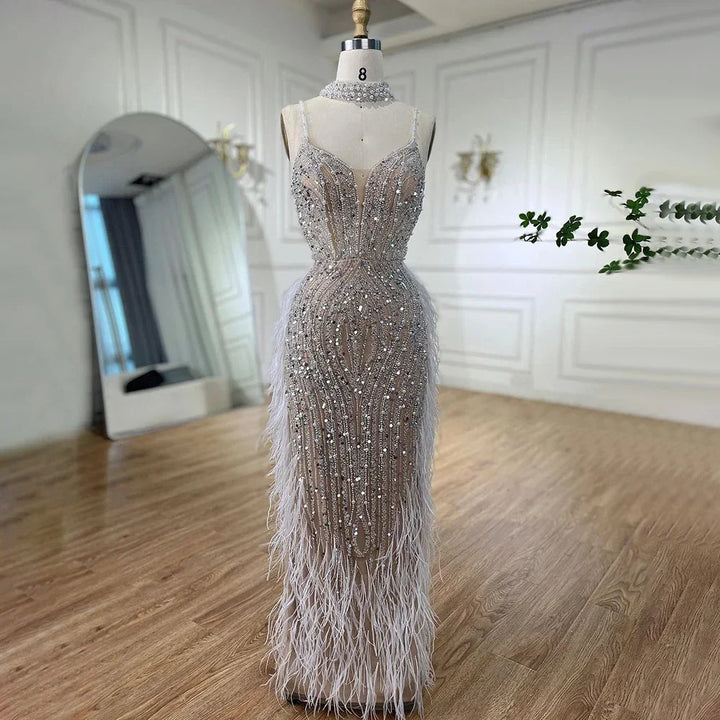 Serene Hill Customized White Nude Mermaid Beaded Feather Evening Gowns 2026 Wedding Party Prom Dresses For Women DLA72047