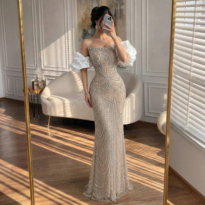 Luxury Beaded Evening Dresses with Elegant Puff Sleeves Pearl Beaded Adorned Design Serene Hill DLA72903 Customized