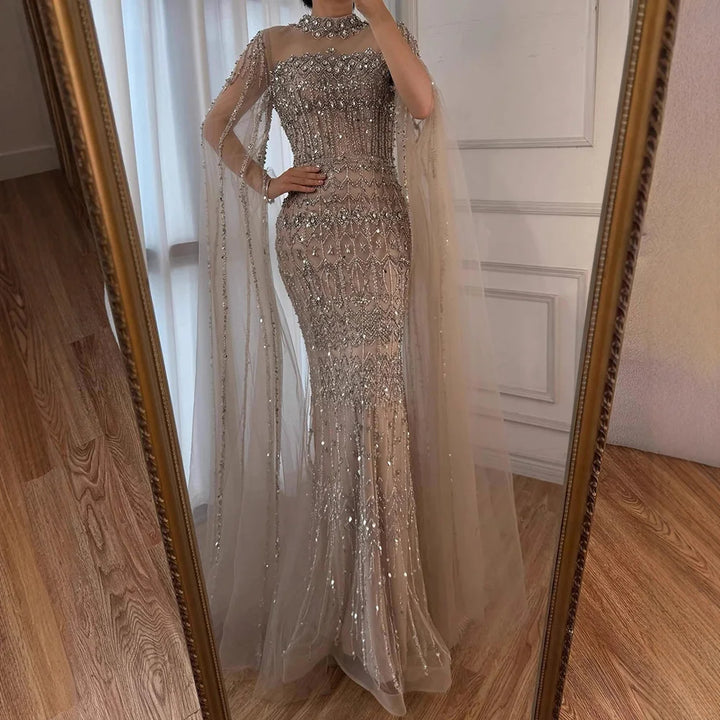 Serene Hill Dubai Blue Beaded Evening Dress with Cape Sleeves 2025 Formal Party Gowns for Women DLA72714A Customized