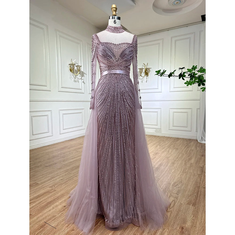 Serene Hill Customized Nude Long Sleeves Beaded Mermaid Dubai Evening Dresses 2025 Muslim Party Gowns for Veiled Women DLA71533