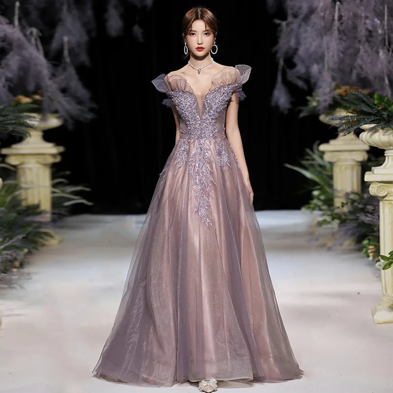 Fairy Dreamy Mesh Off Shoulder Celebrity Banquet Dress Cheongsam Female Formal Evening Party Dress Elegant Applique Maxi Dress