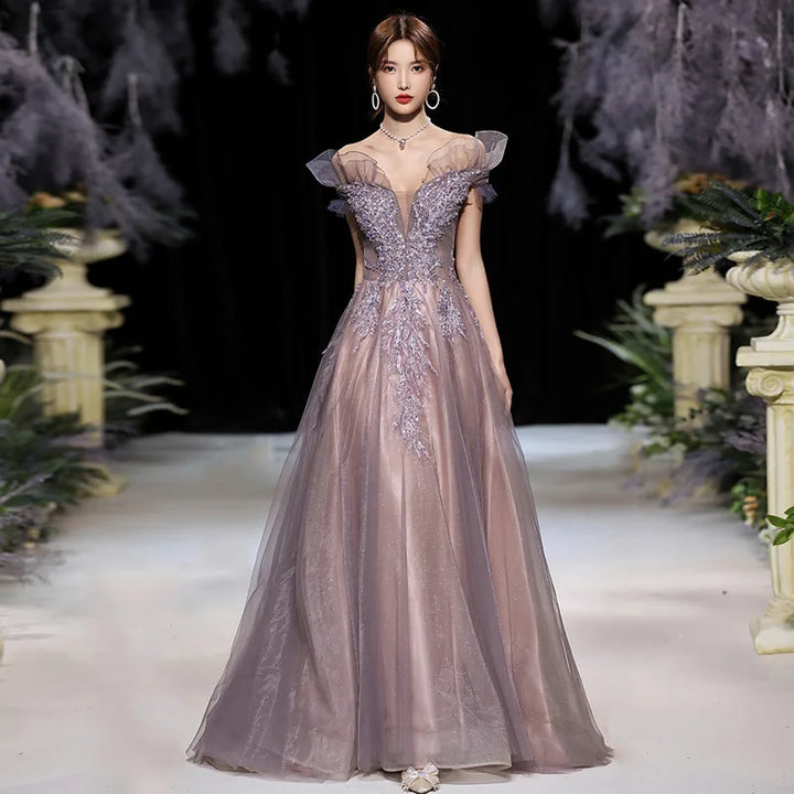 Fairy Dreamy Mesh Off Shoulder Celebrity Banquet Dress Cheongsam Female Formal Evening Party Dress Elegant Applique Maxi Dress