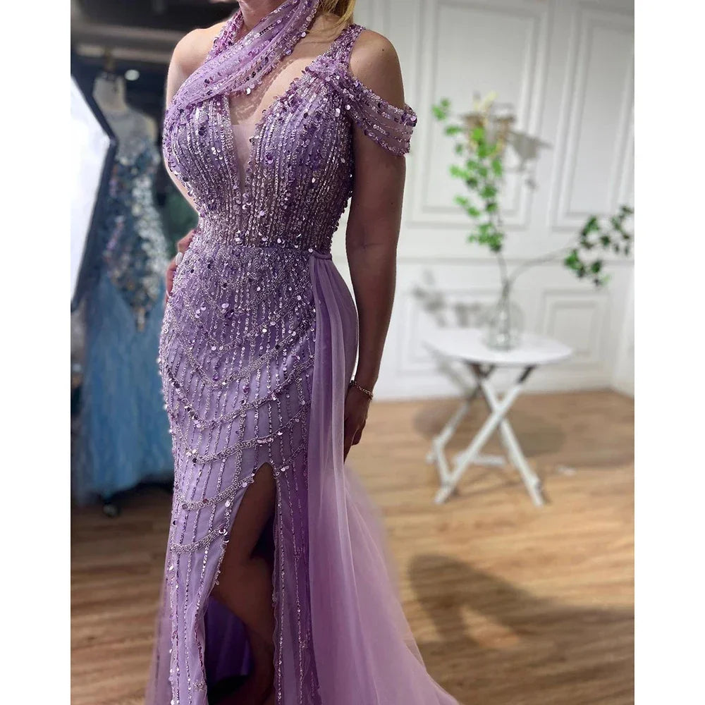 Serene Hill Customized Lilac Halter Mermaid Beaded Formal Evening Dresses Elegant Wedding Party Gowns for Women DLA71778A