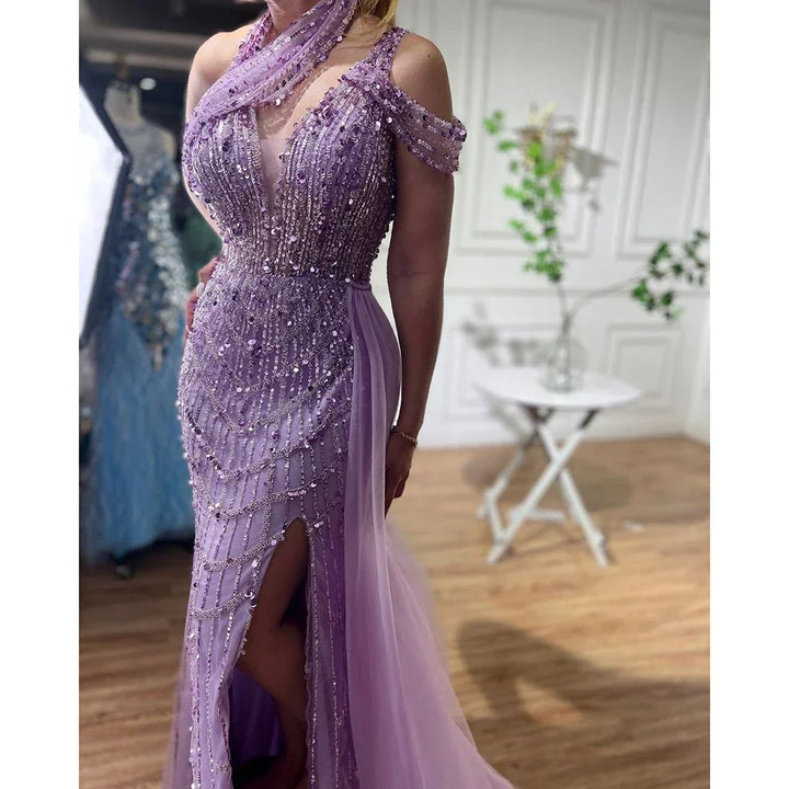 Serene Hill Customized Lilac Halter Mermaid Beaded Formal Evening Dresses Elegant Wedding Party Gowns for Women DLA71778A