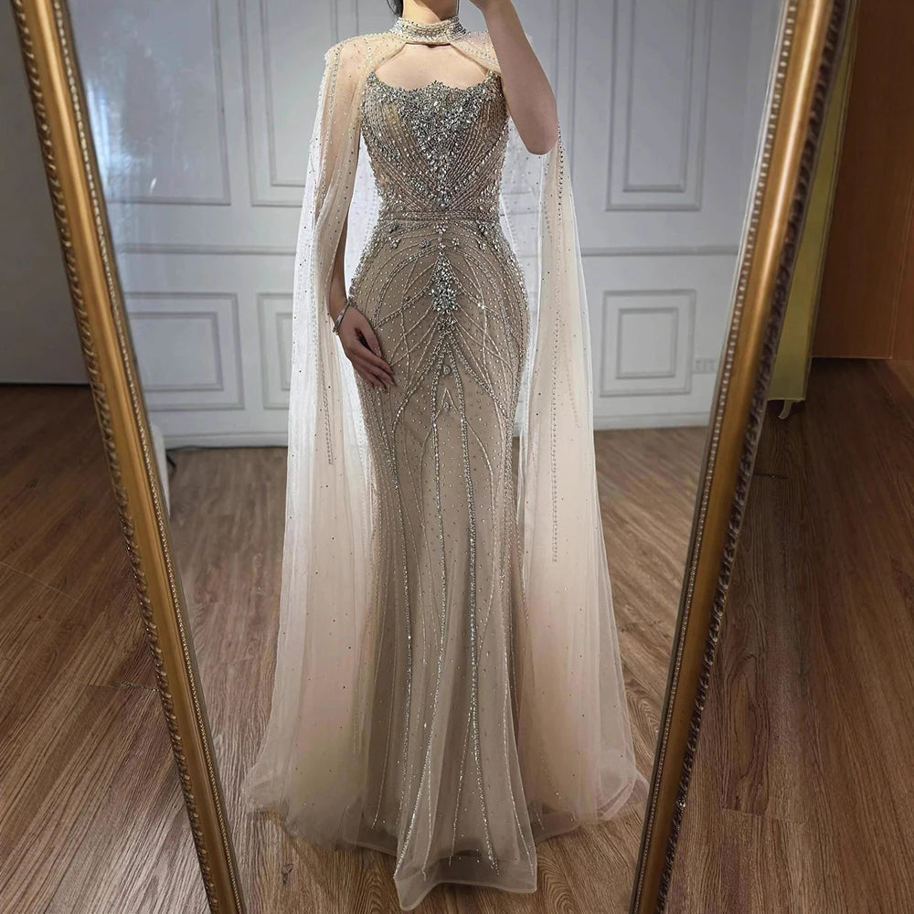 Serene Hill 2025 Pink Strapless Mermaid Beaded Evening Dress with Cape Wedding Party Gowns for Women DLA73195 Customized