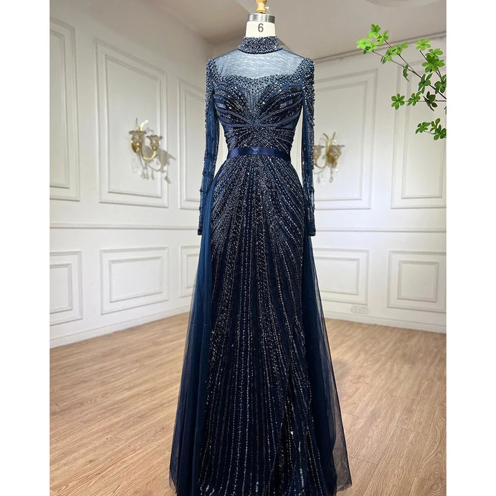 Serene Hill Customized Nude Long Sleeves Beaded Mermaid Dubai Evening Dresses 2025 Muslim Party Gowns for Veiled Women DLA71533