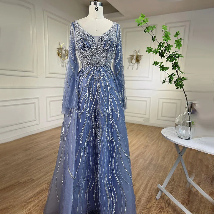 Serene Hill Customized Blue A Line Beaded Evening Dresses Arabic Wedding Party Formal Gowns 2024 For Women DLA72099 rts