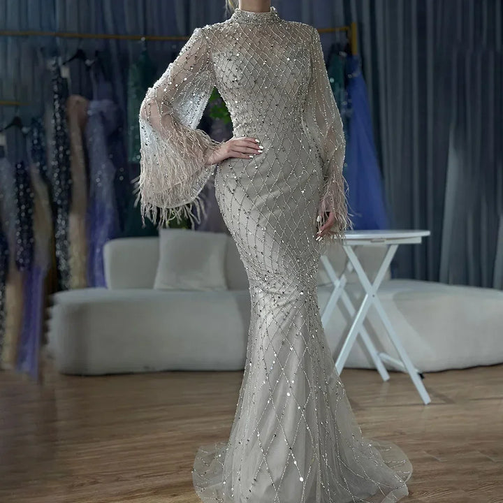 Customized 2025 Dubai Green Grid Cut Out Lace Beaded Feathers Sleeves Elegant Dresses Gowns for Formal Occasion DLA72394A