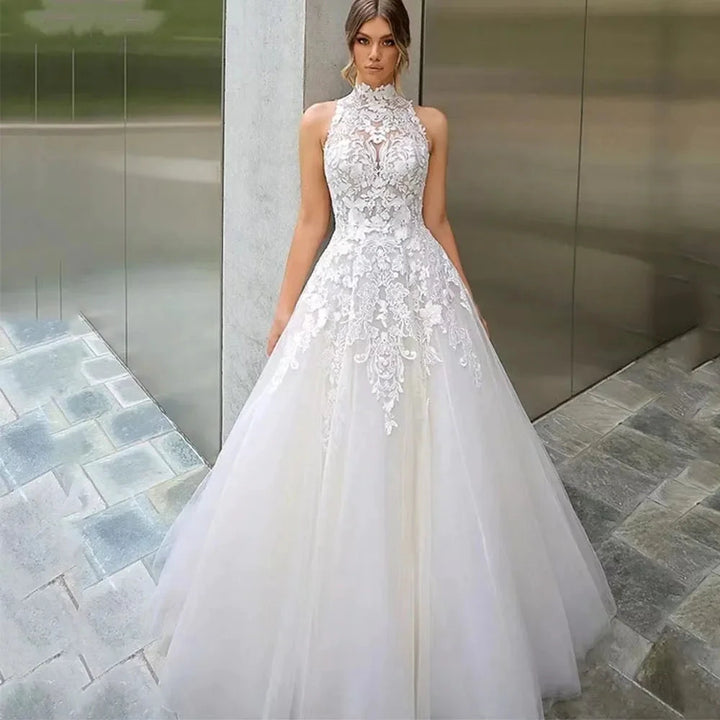 High Neck Vestidos De Novia Appliques Vestido De Noiva Sleeveless Wedding Dresses Lace Robe De Mariée by payinti