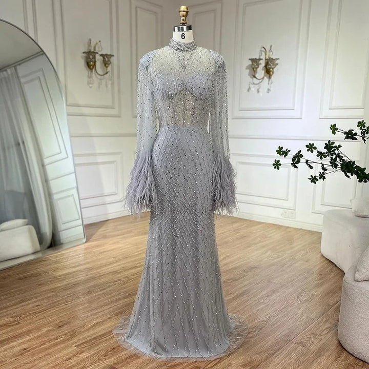 Serene Hill Nude High Neck Long Sleeves Feathers Mermaid Beaded Evening Dress Party Gowns for Women DLA72394 Customized