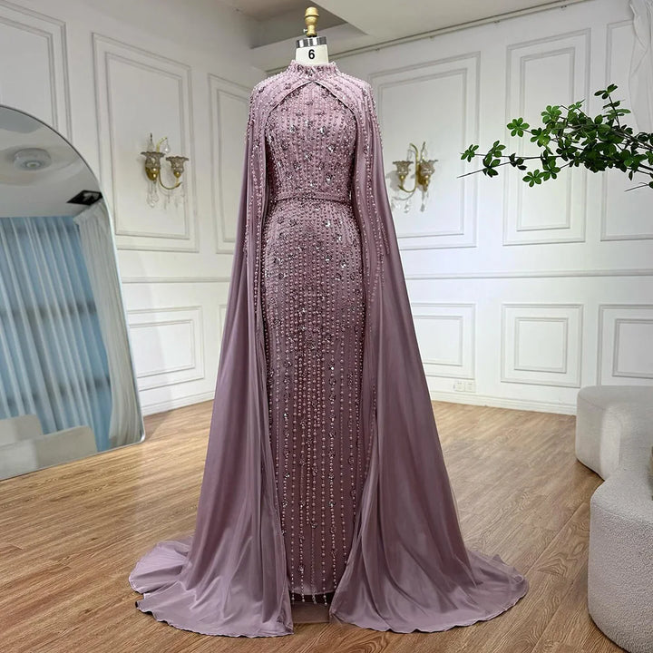 Serene Hill Pink Long Sleeves High Neck Muslim Mermaid Beaded Evening Party Gown Dress with Cape for Women DLA72533 Customized