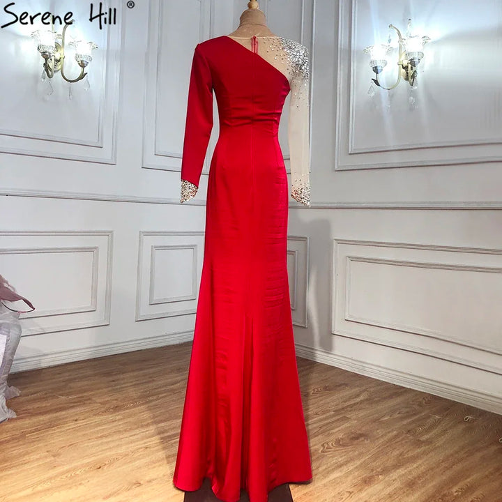 Serene Hill Customized White Satin Long Sleeve Mermaid Simple Beaded Evening Dress Party Gowns For Women Bridal Shower DLA71152