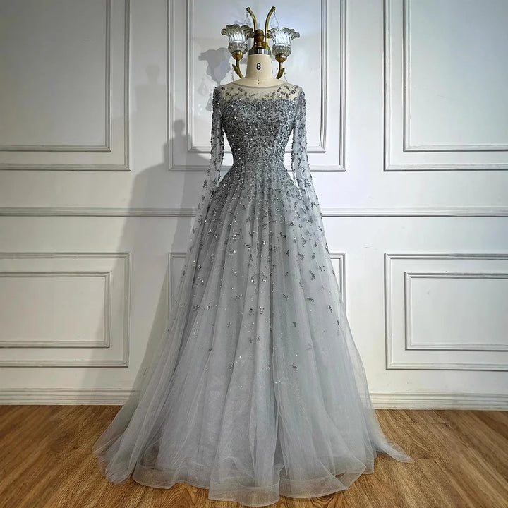 Serene Hill Turquoise A-line Beaded Evening Dress with Cape Sleeves Elegant Party Gowns for Women Customized DLA72965