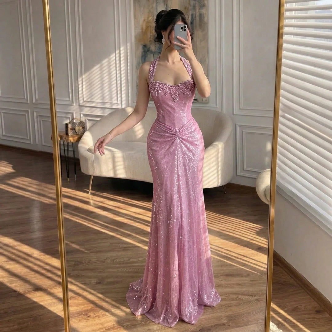 Serene Hill Rose Gold Mermaid Beaded Evening Dress Elegant Sparkly Wedding Party Gown with Ruched Waist DLA73410B Customized
