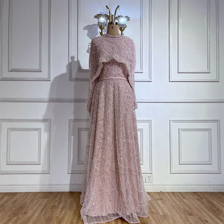 Serene Hill Customized Green Long Sleeve A-Line Evening Dresses with Cape Muslim Wedding Party Gowns For Women LA72032B