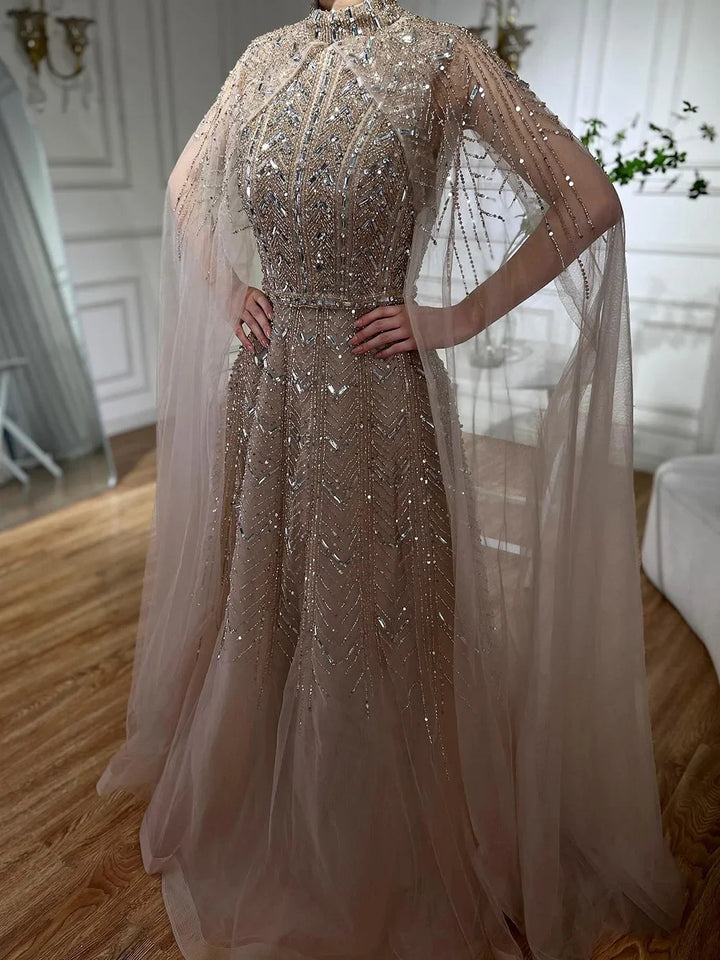 Serene Hill Customized 2025 Blue Beaded A-Line Cape Sleeves Formal Evening Dresses Elegant Party Gowns for Women DLA72728