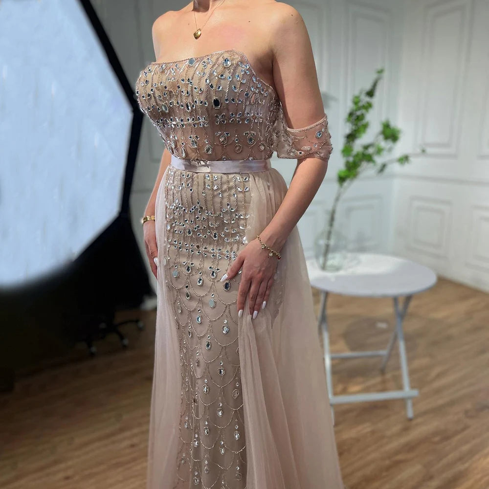 Serene Hill Customized 2026 Red Off Shoulder Mermaid Beaded Overskirt Evening Dress Wedding Party Gowns for Women DLA71922