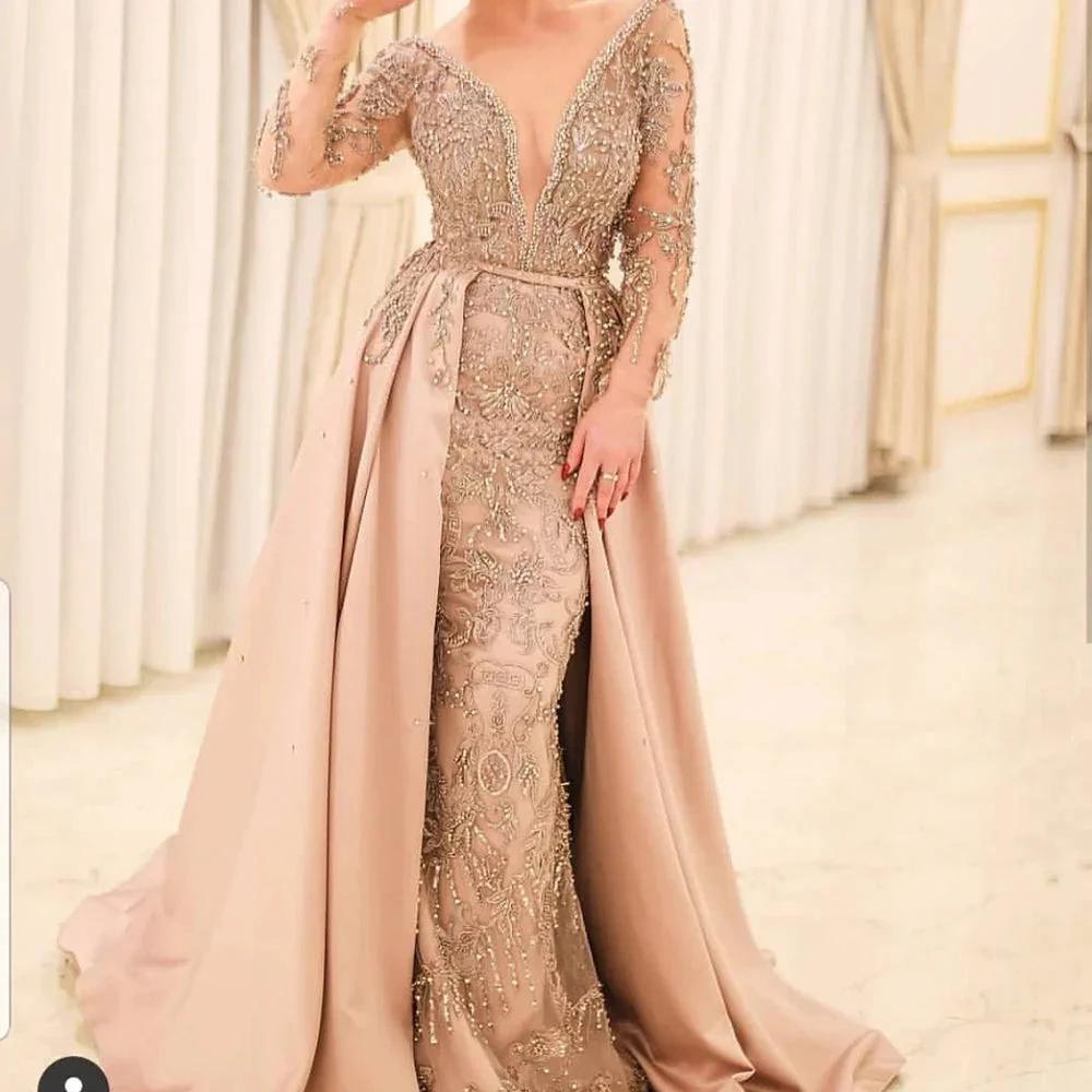 Champagne prom dresses long sleeve beading sequins detachable train crystal beading evening dresses S23375 by simplepromdress