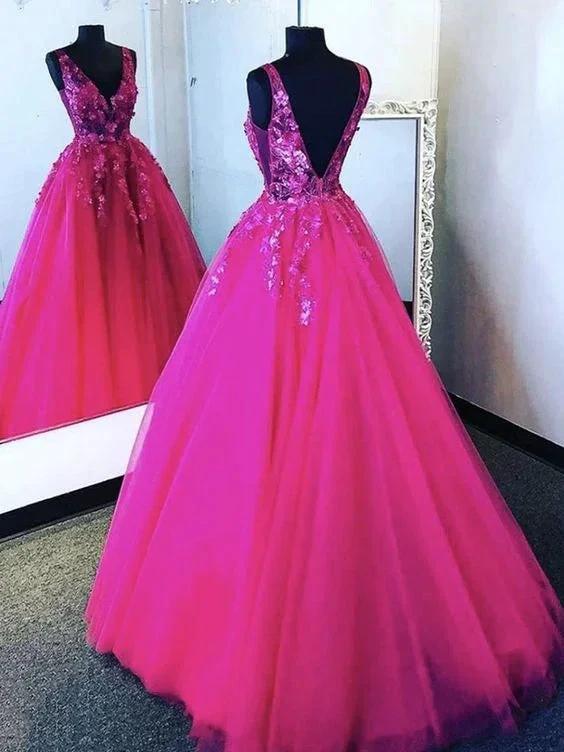V Neck Hot Pink Tulle Lace Prom Dresses Backless Hot Pink Floral Formal Evening Dresses S23094 by simplepromdress