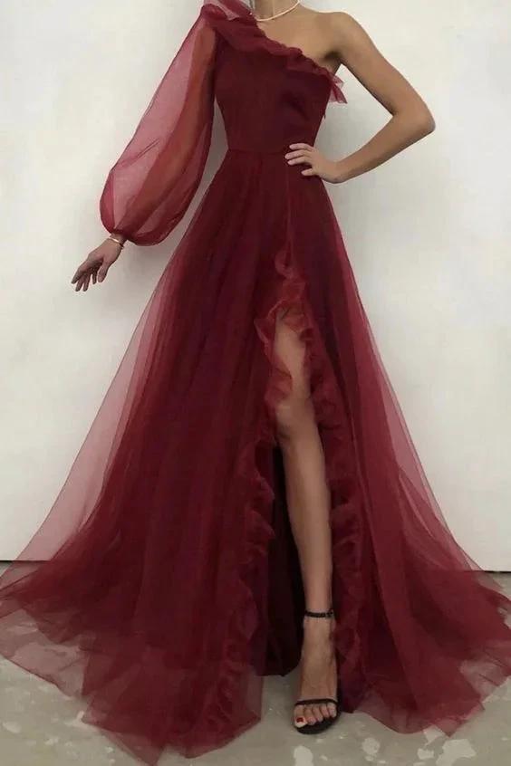 Burgundy tulle prom dress one shoulder evening dress S19581 by simplepromdress