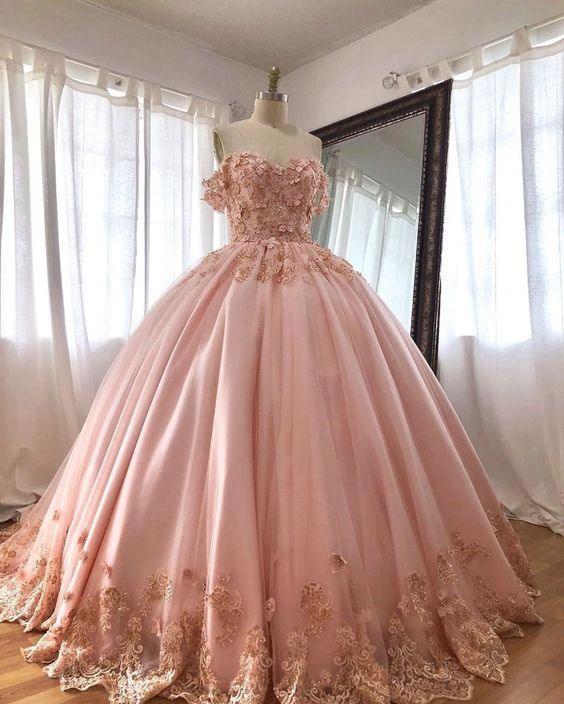 Pink Embroidered Lace Quinceanera Dresses Ball Gowns Long Prom Dress S15407 by simplepromdress