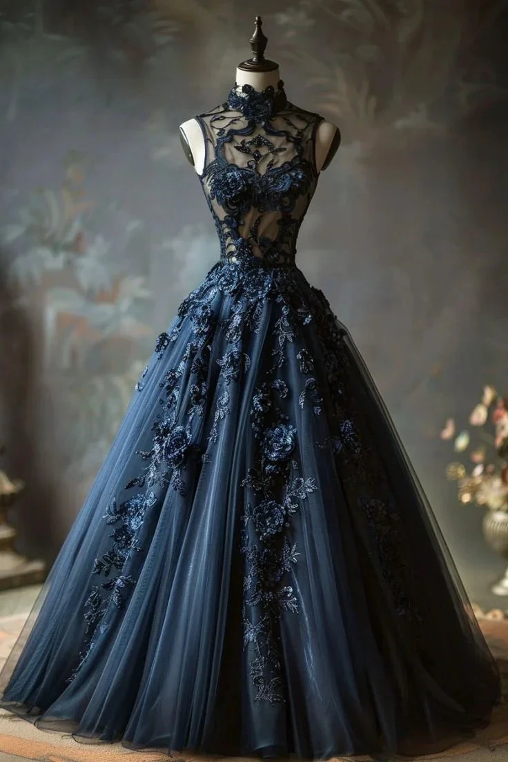 Vintage High Neck Tulle Lace Appliques Ball Gown,Navy Blue Birthday Prom Dress Quinceanera Dress Y8039 by simplepromdress