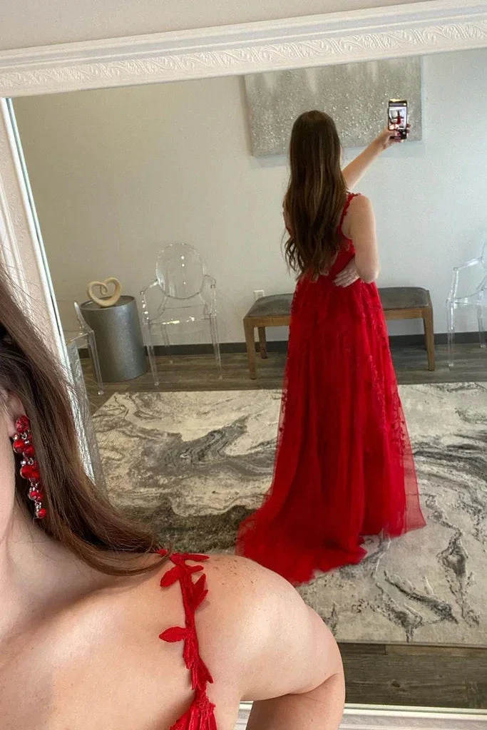 V Neck Tulle Red Lace Long Prom Dress with High Slit, Red Lace Formal Dress, Red Evening Dress Y217 by simplepromdress