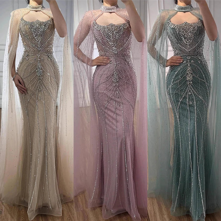 Serene Hill 2025 Pink Strapless Mermaid Beaded Evening Dress with Cape Wedding Party Gowns for Women DLA73195 Customized