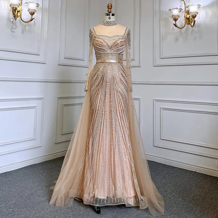 Serene Hill Customized Nude Long Sleeves Beaded Mermaid Dubai Evening Dresses 2025 Muslim Party Gowns for Veiled Women DLA71533