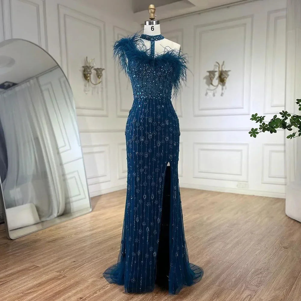 Serene Hill Customized 2025 Gray Halter Feathers Beaded Mermaid High Split Evening Dresses Formal Party Gowns for Women DLA72452