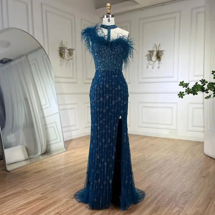 Serene Hill Customized 2025 Gray Halter Feathers Beaded Mermaid High Split Evening Dresses Formal Party Gowns for Women DLA72452