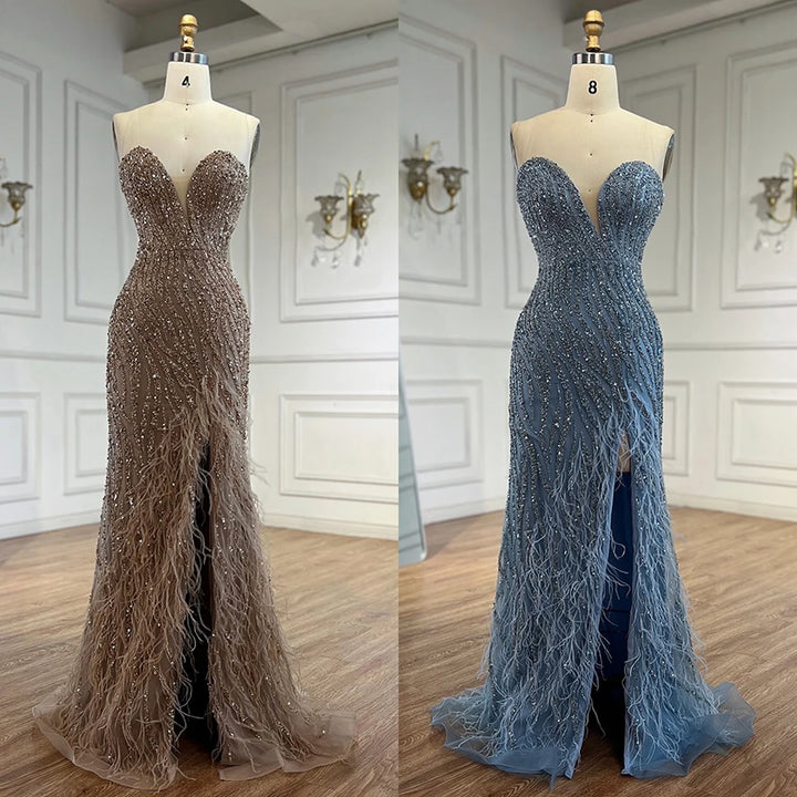 Serene Hill Customized 2025 Strapless Blue Luxury Beaded Feathers Slit Open Evening Party Gowns for Women DLA72695