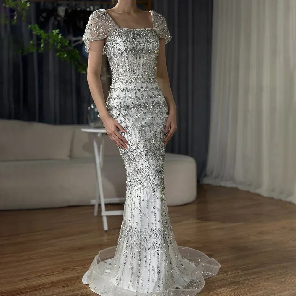 Serene Hill Blue Mermaid Beaded Evening Dresses with Detachable Sleeves Elegant Party Gowns for Women DLA72714 Customized