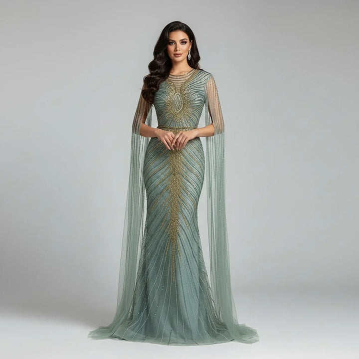 Serene Hill Luxury Beaded Mermaid Evening Dresses with Cape Sleeves Caramel Formal Party Gown for Women Customized DLA72940