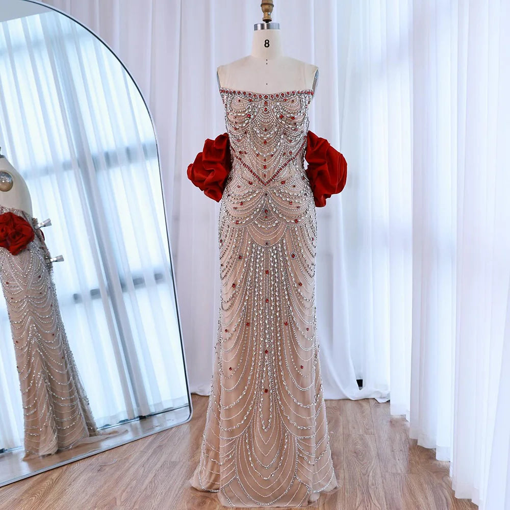 Luxury Beaded Evening Dresses with Elegant Puff Sleeves Pearl Beaded Adorned Design Serene Hill DLA72903 Customized