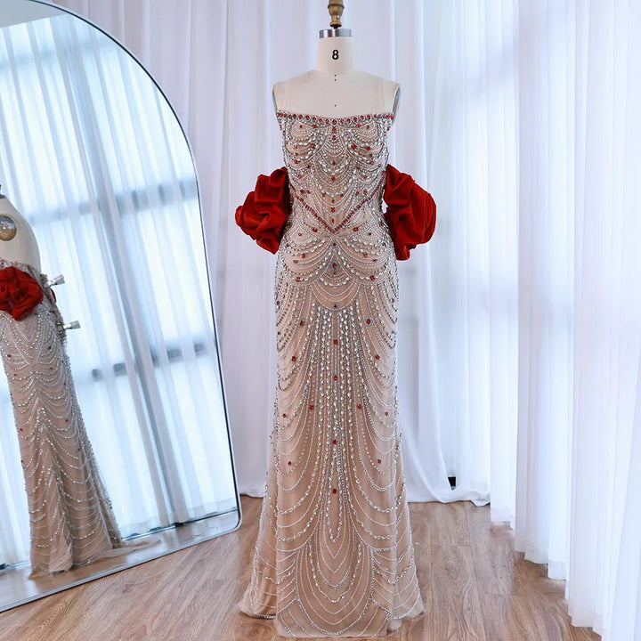 Luxury Beaded Evening Dresses with Elegant Puff Sleeves Pearl Beaded Adorned Design Serene Hill DLA72903 Customized