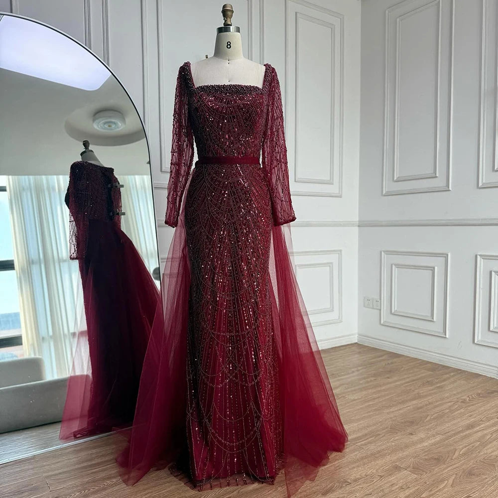 Serene Hill Green Square Collar Long Sleeve Mermaid Pearls Beaded Evening Party Gown Overskirt Dress DLA72032N Customized