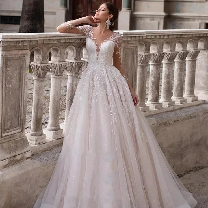 Appliques Vestido De Noiva Deep V-neck Vestidos De Novia Long Sleeves Wedding Dresses Lace Robe De Mariée by payinti