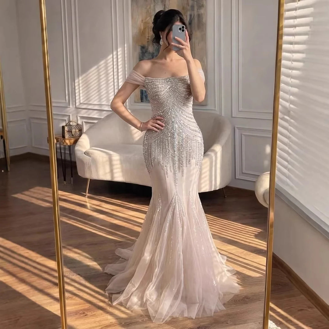 Serene Hill 2026 Nude Off Shoulder Mermaid Beaded Evening Gowns Wedding Party Dresses for Women DLA73214 Customized
