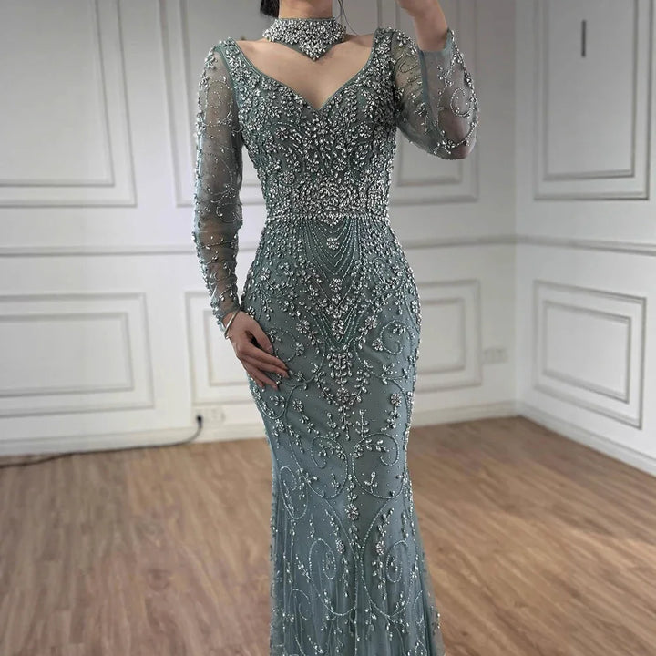 Serene Hill Customized Turquoise Evening Dresses with Neck Lace 2026 Long Sleeves Mermaid Beaded Elegant Party Gowns DLA73042B