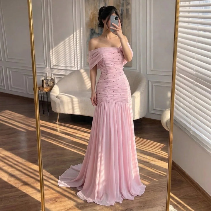 Serene Hill Pink Chiffon Mermaid Evening Gowns 2026 Elegant Mermaid Off-Shoulder Pleated Ruched Prom Dresses LA73347 Customized