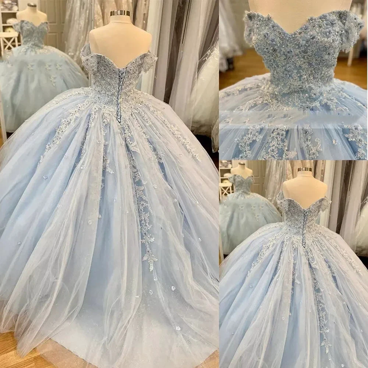 Off The Shoulder Blue Lace Tulle Ball Gown,Blue Sweet 16 Dress,Princess Dress Y2061 by simplepromdress