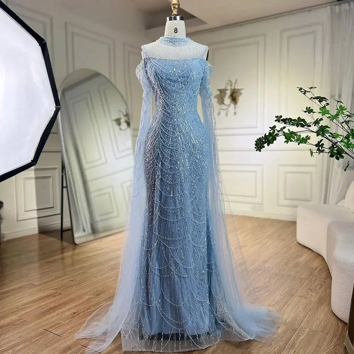 Serene Hill Dubai Purple Mermaid Cape Sleeves Beaded Long Evening Dress 2025 For Formal Occasion DLA71992 Customized
